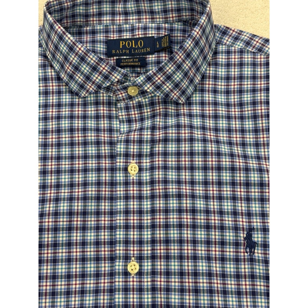 Polo Ralph Lauren Shirt Men L Blue Gingham Plaid Performance Button Front